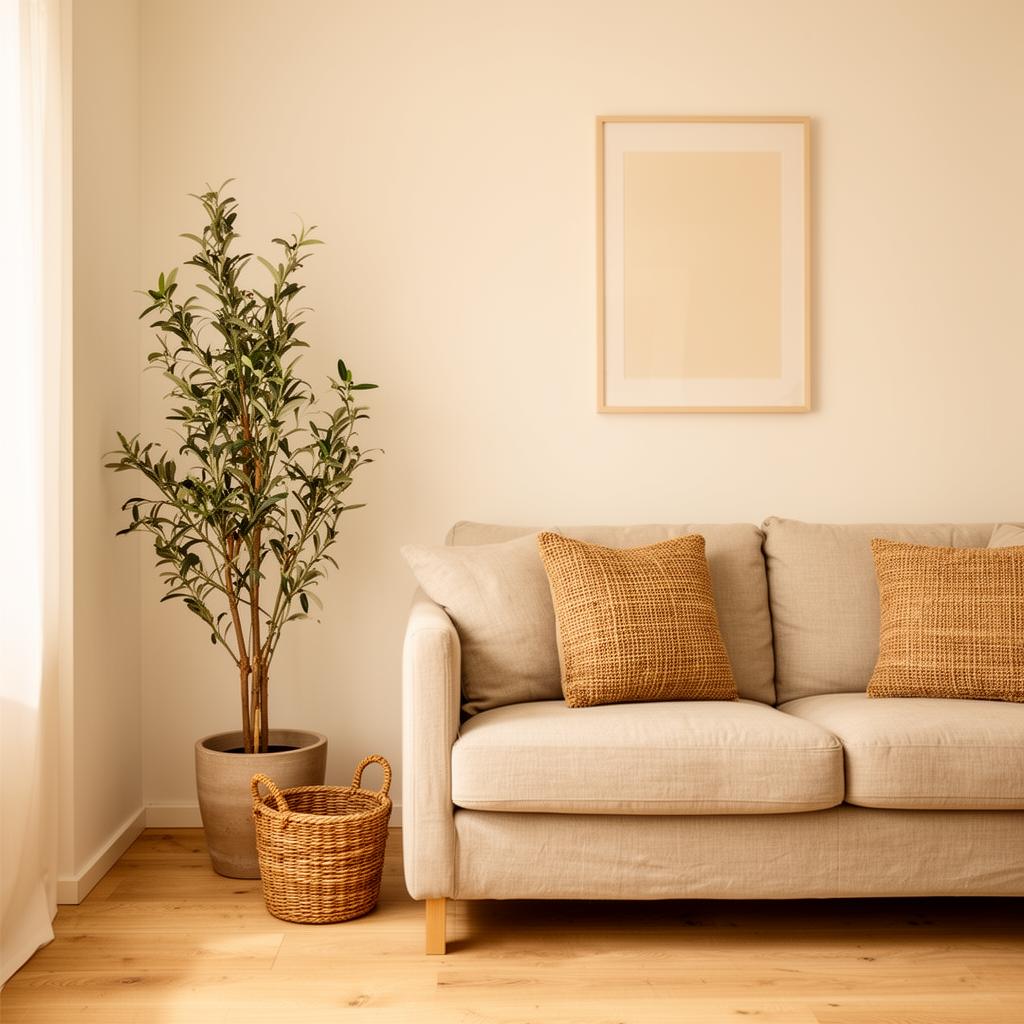 Rustige Scandinavische zithoek met linnen bank en plant